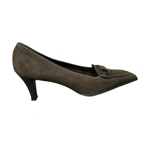 STUART WEITZMAN DARK BROWN SUEDE PUMP HEEL DECORATIVE BUCKLE‎ WOMEN'S SIZE 7.5 - Picture 2 of 14